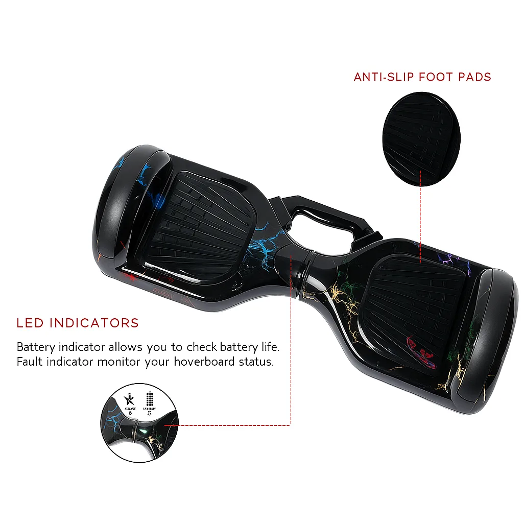 Hoverboard for children with colorful lights and safe riding system.