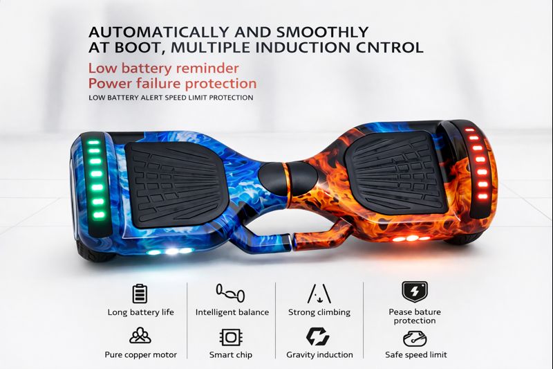 Smart hoverboard scooter with modern LED wheel illumination.