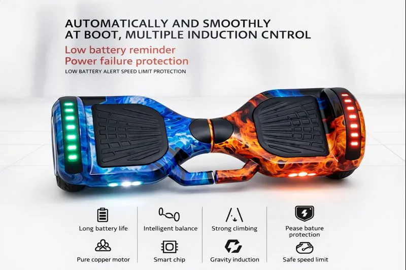 Smart hoverboard scooter with modern LED wheel illumination.