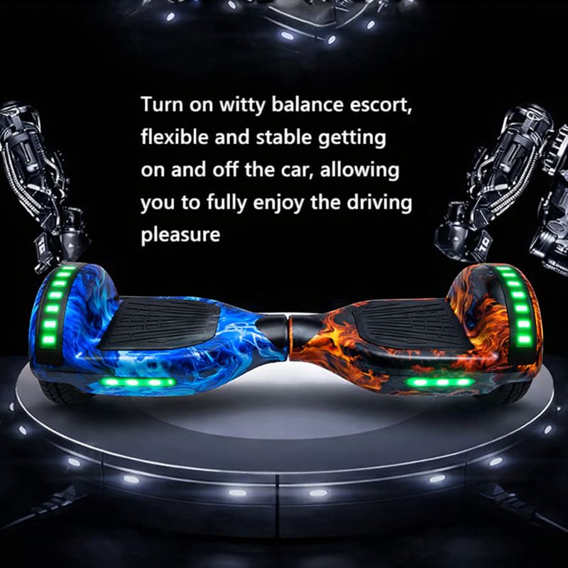 Electric hoverboard with Ice and Fire theme and anti-slip footpads.