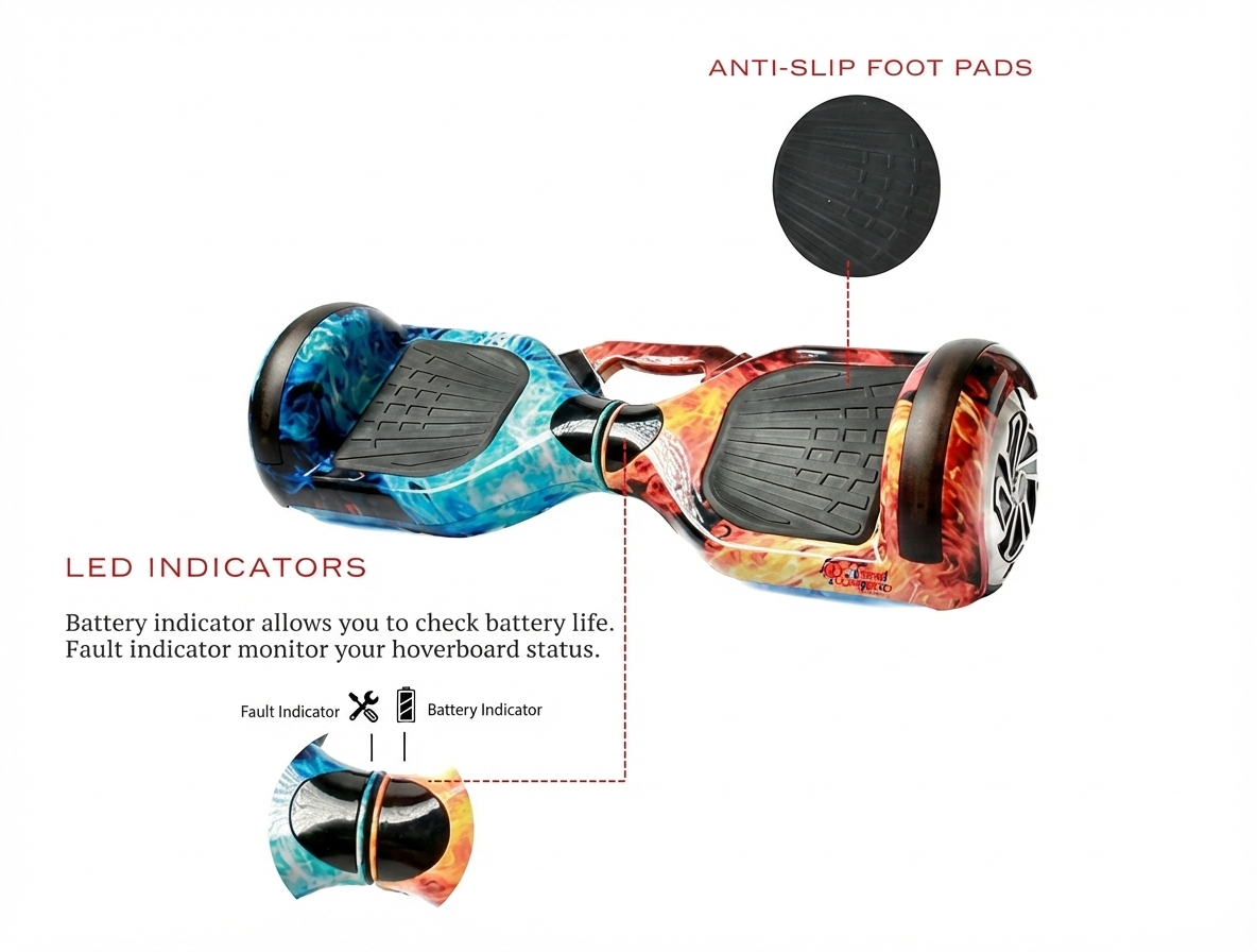 Colorful Ice and Fire Hoverboard with durable 6.5-inch wheels.