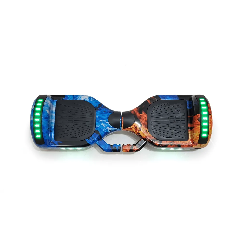 High-performance hoverboard with rechargeable battery and fast charging.