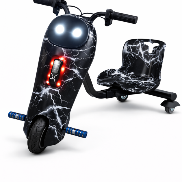 Electric drift scooter with dual LED headlights and rear tail lights.