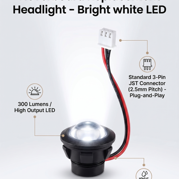 LED headlight accessory for self-balancing hoverboard scooters.