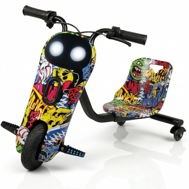 Three-wheel drift scooter with sporty lightning graphics and LED lighting.