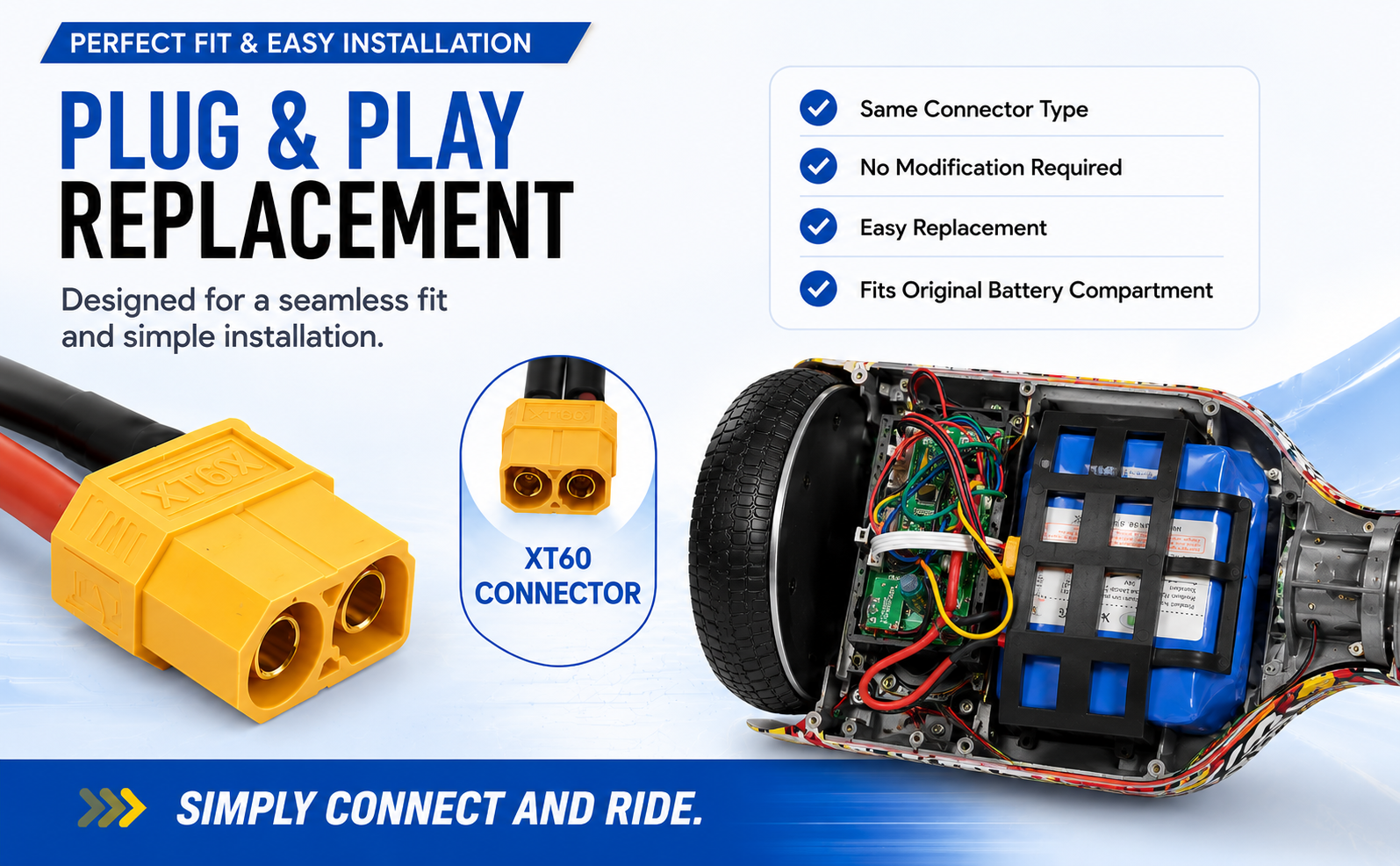 XT60 connector hoverboard battery showing easy plug-and-play installation inside a 36V self-balancing scooter.