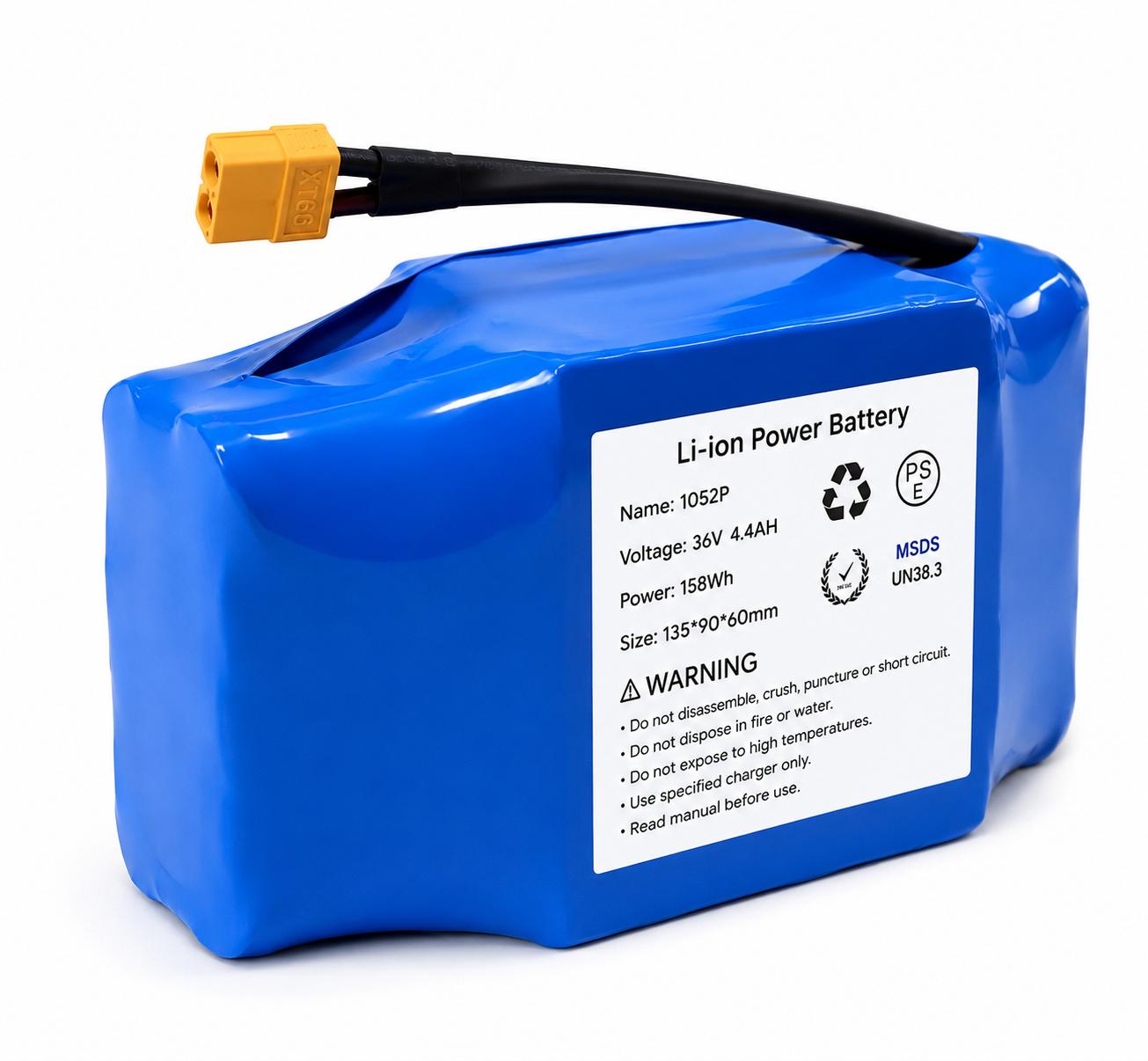 Blue 36V 4.4Ah lithium-ion hoverboard replacement battery with XT60 connector and safety label for self-balancing scooters.